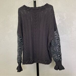 Elegant Gray Sweater with Lace Sleeves